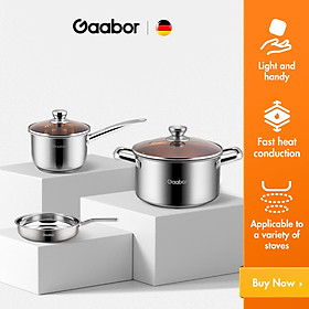 Mua Bộ nồi chảo inox cao cấp đáy từ GAABOR GS-S828A nắp kính (1 Quánh 16cm  1 Nồi 20cm và 1 Chảo 26cm)