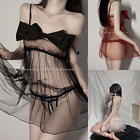 Váy ngủ sexy 2 dây ngực đính nơ xuyên thấu gợi tình