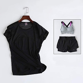 set quần áo thể thao tập gym yoga nữ ngẵn ( áo thun + quần đùi + áo bra nữ ) skn01