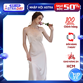 Đầm ngủ, Váy ngủ lụa Pháp (Lụa Latin) thiết kế 2 dây chéo lưng phối ren cao cấp VILADY - V147 (Màu Trắng gạo)