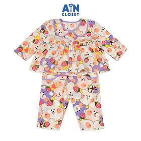 Bộ quần áo Dài bé gái hoạ tiết Gấu Tím Dâu Lanh lụa - AICDBGGWB3N9 - AIN Closet