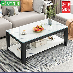Mua Bàn trà chân sắt mặt gỗ vân đá cẩm thạch cao cấp chắc chắn đen trắng sang trọng