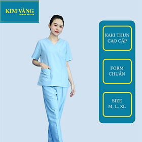 Hình ảnh [KIM VÀNG] Bộ đồng phục y tá, spa, điều dưỡng đồng phục bệnh viện tay ngắn chất liệu kaki thun - Màu xanh nhạt