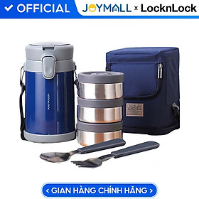 Bộ Hộp Cơm Giữ Nhiệt Lock&Lock Easy Carry 2L màu xanh denim LHC8039BLU Có Túi (1 Hộp 720ml, 2 Hộp 420ml Kèm 1 Bộ Muỗng Và Nĩa), Hàng chính hãng - JoyMall