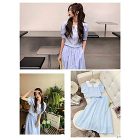 Bộ Áo Sơ Mi Kẻ Cổ Sen Chân Váy Chữ A Dáng Dài Xòe Đính Cúc Ngọc Vải Xốp