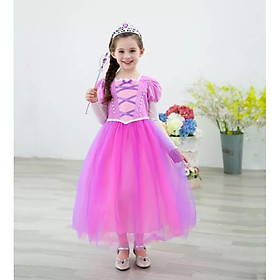 Combo Đầm Hóa Trang Công Chúa Tóc Mây Rapuzel Cho Bé Gái Tay Dài Trắng + Gậy Và Vương Miện - HME88