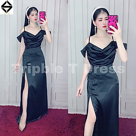 Đầm maxi body dự tiệc rớt vai xẻ đùi eo sang trọng chất phi lụa TRIPBLE T DRESS - Size S/M/L - MS134Y