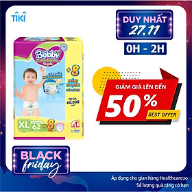 Tã quần Bobby - Đệm Lưng Thấm Mồ Hôi XL62 (62 miếng) - Tặng 8 miếng trong gói