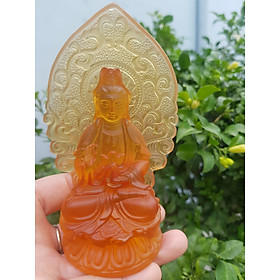 Tượng Phật Quan Âm Đá Lưu Ly Vàng Mới để trong xe hơi hoặc để bàn cao 12cm đk 7cm đế 5cm Mệnh Kim mệnh Thổ mệnh Thủy ạ