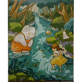 Mua Tranh Sơn Dầu Vẽ Tay 40x50cm - Nghịch Nước (Tranh bé và gấu)