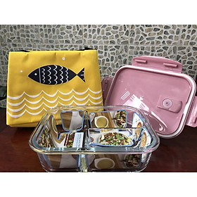 Mua Hộp Cơm Văn Phòng Thủy Tinh 3 ngăn cao cấp + Túi Giử Nhiệt hình cá xinh xắn + 1 bộ Muỗng Đũa Inox phong cách Hàn Quốc tiện lợi ( Giao màu ngẫu nhiên)