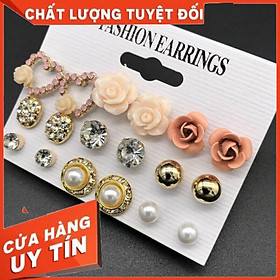 Set khuyên tai, bông tai đính hạt phong cách Hàn Quốc