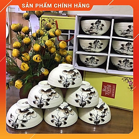 Bộ bát cơm hoa sen đen vẽ tay gốm sứ Gia Hưng Bát Tràng