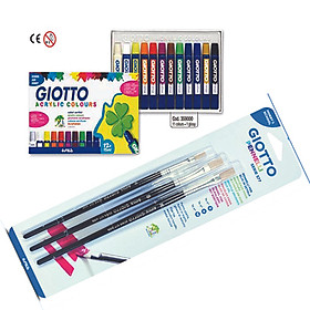 Combo 1 hộp màu 12 TUBES GIOTTO ACRYLIC COLORS 12ML và 1 Vỉ 3 chổi vẽ GIOTTO Art 577 số 6,8,10 - Italia