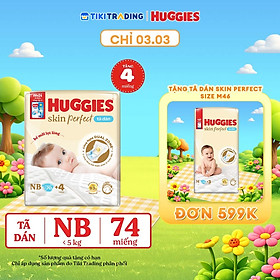 Tã/bỉm dán sơ sinh Huggies Skin Perfect NB 70+4 miếng với 2 vùng thấm giảm kích ứng da