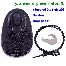 Mặt Phật Văn thù đá thạch anh đen 5 cm kèm vòng cổ hạt chuỗi đá đen - mặt dây chuyền size lớn - size L, Mặt Phật bản mệnh