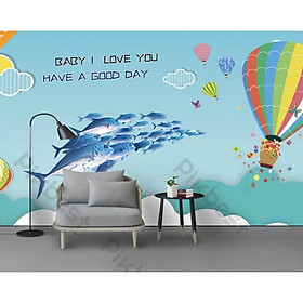 Tranh dán tường 3d trang trí phòng khách, phòng ngủ, phòng em bé khinh khí cầu và đàn cá (tích hợp sẵn keo) MS1007095