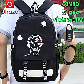 Combo balo đi học Boymusic dạ quang phát sáng Ohazo + Dây cáp sạc USB xịn