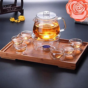 Mua Bộ ấm chén thủy tinh pha trà kèm khay gỗ và đế châm nến