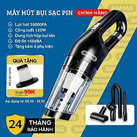 Máy Hút Bụi Cầm Tay Không Dây Sử Dụng Pin Sạc DAMAS DA113C - Hút bụi khô và nước tiện dụng - Sử dụng cho gia đình và xe hơi - Công suất mạnh mẽ lên tới 120W - Hàng Chính Hãng - Màu đen