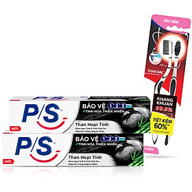 Combo 2 Kem Đánh Răng P/S Than Hoạt Tính 180g Và Bộ 2 Bàn Chải P/S Than Bạc