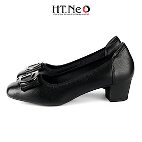 Giay công sơ nư, giay cao got HT.NEO got vuông 5p chât liêu da cao câp, đi cưc êm chân, thoai mai, giay đươc thiêt kê tre trung vơi khuy CD CS256 - Đen - 38