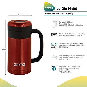 Cốc Giữ Nhiệt Carez IMC626SR450N - ĐỎ- 450ml, Inox 304, Không chứa BPA - Giữ nóng đến 6 tiếng, giữ lạnh đến 10 tiếng - Hàng chính hãng