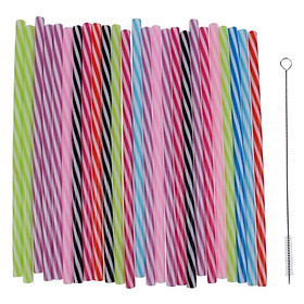 3-4pack 25x Colorful Reusable Hard Plastic Stripe Straws w/ Cleaning Brush Bar