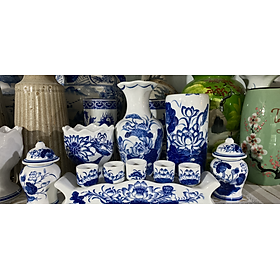 Mua Combo Lọ Hoa Ống Hương Bình Đựng Phật Thủ Kỷ 5 Hũ Muối Thờ Cúng Vẽ Sen Men Lam Cổ