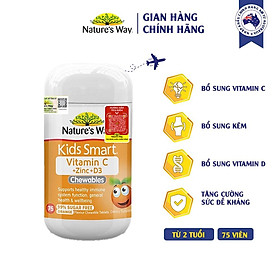 Viên Nhai Nature’s Way Kids Smart Vitamin C+ZinC+D3 Chewable Tablets Bổ Sung Vitamin Cho Bé Phát Triển Toàn Diện 75 Viên