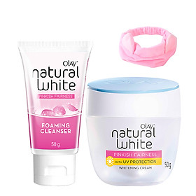 Combo Kem dưỡng trắng hồng Olay Natural White Pinkish và Sữa rửa mặt - Tặng Băng đô tai mèo xinh xắn