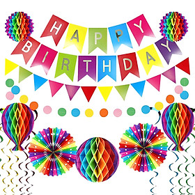 18PCS Happy Birthday Banner Set Colorful Party Decor Party Hanging Banner Paper Fan Swirl Honeycomb Ball Paper Pompom