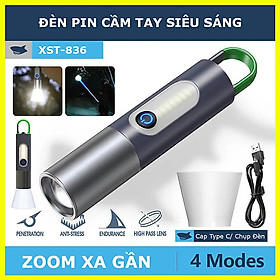 Đèn pin cầm tay siêu sáng chiếu xa 200m Zoom xa gần, Đèn pin Led cầm tay có móc treo, pin trâu, chống thấm nước IPX4-XST836 - Hàng chính hãng