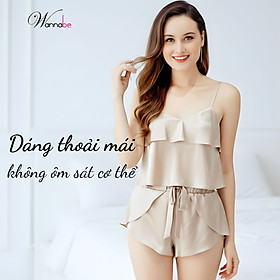 Đồ bộ mặc nhà WANNABE BSS05 đồ bộ quần sọt đắp bèo phối áo 2 dây crop top bèo tầng tạo độ phồng cho ngực