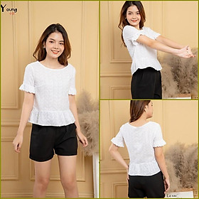 Áo Croptop Trắng Nhún Gấu - SooYoung- Chất Liệu Boid Thêu Mềm Mát