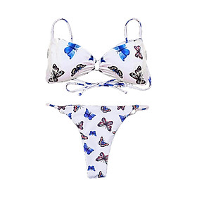Women's Sexy Triangle Bathing Suits Spaghetti Strap Padded Bra Set Butterfly Printed Swimsuit Two Pieces Beachwear