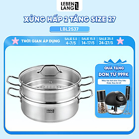 Xửng hấp 2 tầng Lebenlang LBL2537 và LBL2538, size 26, 28cm, vung kính, dùng cho mọi loại bếp - hàng chính hãng