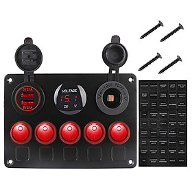Bảng công tắc 5 cổng USB 12V có đèn LED kỹ thuật số cho xe hơi/tàu thuyền