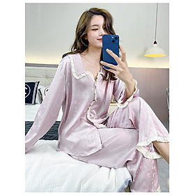 Đồ bộ pyjama nữ lụa mịn hoạ tiết dệt ẩn cao cấp phối viền bèo màu tím pastel size M