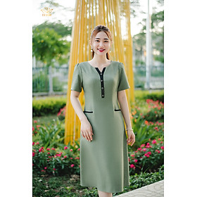 Đầm suông thiết kế trung niên cao cấp sang trọng Cổ tròn kết nút tay ngắn màu Xanh Bơ TTV STORE TTV1331