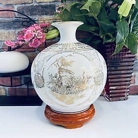 Mua Bình hút tài lộc phong thủy họa tiết tứ cảnh (bốn mùa ) vẽ vàng  gốm sứ Bát Tràng (H26 x D24cm)