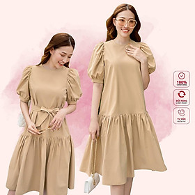 Váy A suông thoải mái, vai bồng rút tiểu thư, cổ tròn, tông be siêu nịnh da, kèm đai rời Peony - LAURIEL DRESS