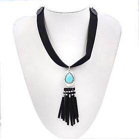 Women Bohemian PU Leather Choker Necklace Charm Pendant with Tassels