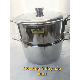 Mua Bộ nồi xửng hấp inox  xửng hấp inox 2 tầng 3 đáy nắp kính nắp inox VietCook đun bếp từ size 28 kêt hợp chõ hấp xôi