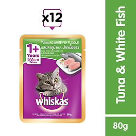 WHISKAS Thức ăn cho mèo lớn dạng sốt vị cá ngừ và cá thịt trắng 80g 12 gói