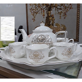 Bộ ấm chén pha trà kèm khay sứ tròn trắn họa tiết hoàng gia sang trọng - ANTH15