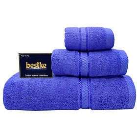 Bộ Khăn Bestke Cao Cấp , Dày đẹp, 100% Cotton gồm khăn tắm, khăn gội, khăn mặt, Mềm mại và Thấm hút Nước , Xuất Khẩu, Màu Blue, trọng lượng 700g