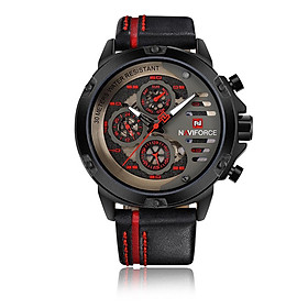 Đồng hồ thời trang nam NAVIFORCE Quartz chống nước 3ATM Đồng hồ da thật phát sáng Đồng hồ đeo tay nam Relogio -Màu đỏ