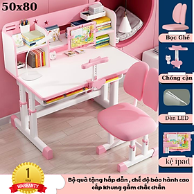 Mua (Tặng đèn học + Giá đỡ ngực) Bộ bàn học cho bé tiểu học E01 tăng giảm chiều cao  kệ sách  đệm mông