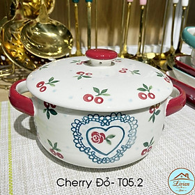 Tô sứ ăn mỳ,bát ăn dặm có 2 tay cầm kèm nắp họa tiết chanh vàng cherry đỏ 850ml .
